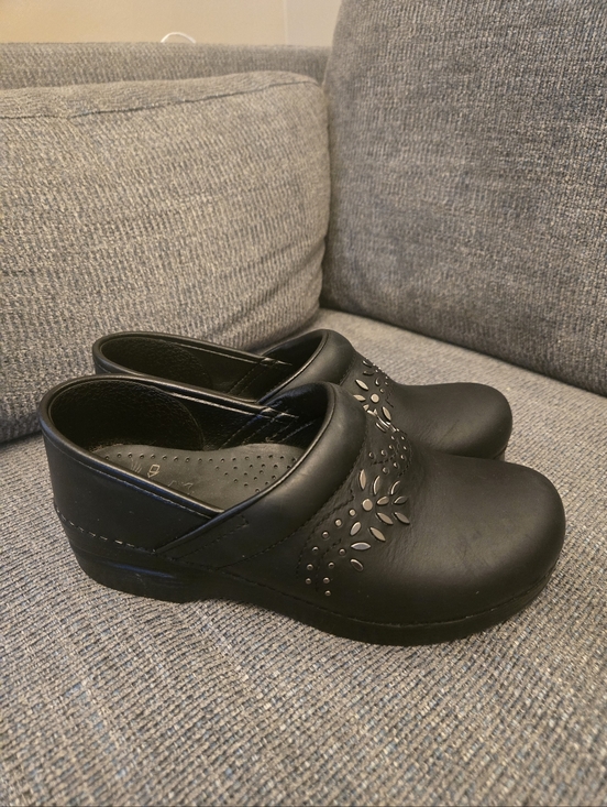Dansko Shoes - Dansko Black Oiled Metal Floral Patricia Professional Stapled Clogs Size 39